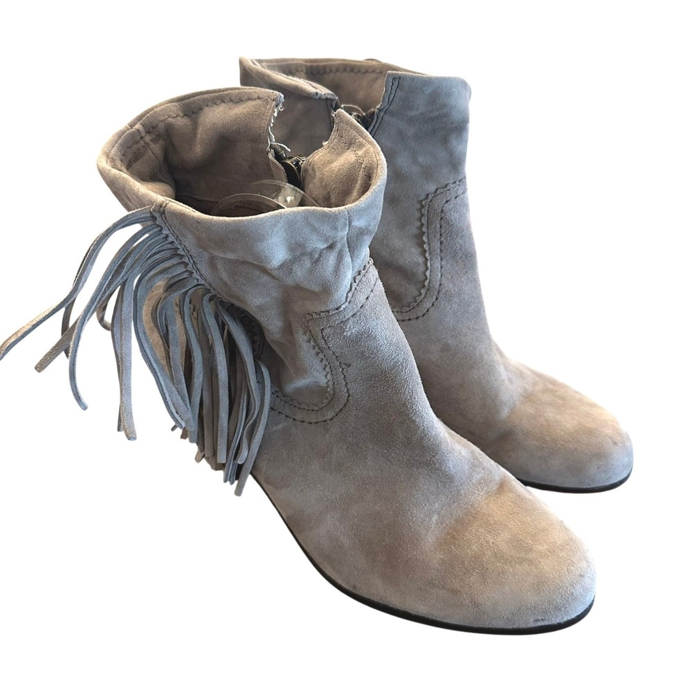 Sam Edelman Ankle Boots 10.5 Tan Suede Fringe Western Side Zip Stacked Heel